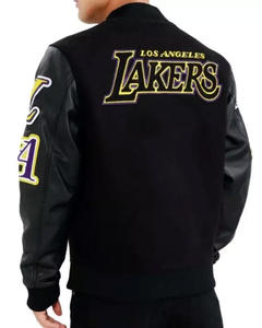 แจ็คเก็ตวาร์ซิตี้ขนสัตว์สีดำทั้งตัวแบบกำหนดเองสำหรับผู้ชาย แขนหนัง ป้ายติดหน้าอกขนาดใหญ่ แจ็คเก็ตบอมเบอร์ขายส่ง แจ็คเก็ตเลตเตอร์แมนเบสบอล - Product Image 2