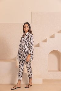 Ensemble de pyjama en coton à imprimé floral, col rabattu, manches trois quarts, coupe ample, respirant, tissé, tenue décontractée pour femmes - Product Image 3