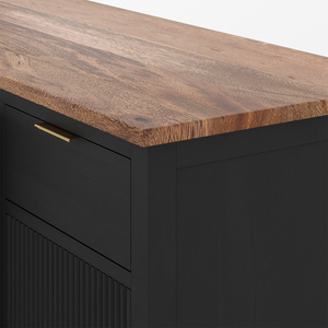 Meuble bar noir moderne avec rangement pour vin et refroidisseur intégré, dessus en bois, poignées en laiton, organisateur de boissons autoportant - Product Image 6