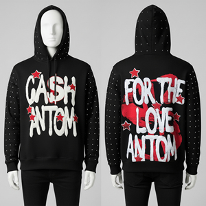 Sudadera con Capucha Personalizada para Hombre con Pedrería, Estampado Gráfico Puff, Estilo Y2K, Forro Polar Grueso, Hip Hop Streetwear, Negra Oversize - Product Image 2