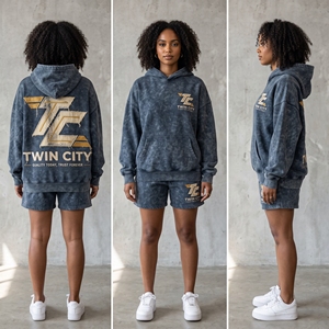 ชุดฮู้ดดี้และกางเกงขาสั้นลายมัดย้อม Twin City สำหรับผู้หญิง ชุดลำลองโอเวอร์ไซส์สองชิ้น เสื้อสเวตเชิ้ตผ้าฟลีซมีกระเป๋า สำหรับฤดูใบไม้ผลิและฤดูร้อน - Product Image 6