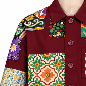Chaqueta de trabajo color granate con mosaico, estampado floral decorativo, abotonada, informal, de manga larga, estilo urbano, moda, venta al por mayor - Product Image 5