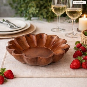 Plateau de service unique en bois naturel sculpté en forme de fleur, pour soupe, dîner, aliments, légumes, fruits, salades, bol peu profond de 500 ml - Product Image 4