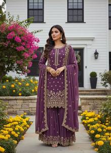 Short Georgette Embroidered <b>Kurti</b> with Voluminous Pleated Gathered Flared Sharara Trousers 3-Piece Festive Set for Women - Product Image 5