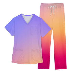 Conjunto de uniforme médico de algodón morado para mujer, top con cuello en V y bolsillos, pantalones rectos, uniformes de hospital, tela tejida, detección de agujas, venta al por mayor - Product Image 6