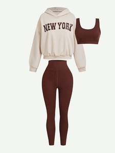 Women 3 Piece Workout Set Custom OEM Long Sleeve Crop <b>Top</b> Sports Bra High Waist <b>Leggings</b> - Product Image 1