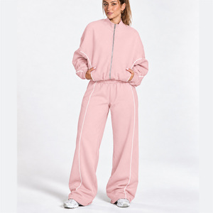<b>Women</b> Contrastline Zipper Tracksuit Casual Two Piece Set Relaxed Fit <b>Jacket</b> And Wide Leg Pants Matching Outfit Wholesale Apparel - Product Image 1