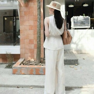 Custom Made Lightweight <b>Linen</b> Blend Solid Casual Eco-Friendly Breathable V Neck Women Two Piece Outfit <b>Set</b> - Product Image 2