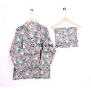 Conjunto de Pijama de 2 Piezas para Mujer, Estilo Bohemio Romántico, Suave y Liso, 100% Algodón, Top y Pantalones - Product Image 3