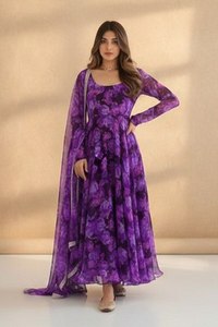 Kurti Morado con Estampado Digital y Borde de Encaje Georgette, Precio de Fabricante, Suministro al por Mayor para Ropa Festiva - Product Image 2