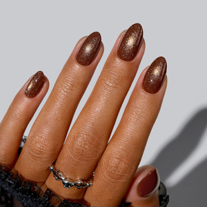 BTARTBOX Uñas Postizas de Gel Suave con Efecto Ojo de Gato Marrón para Halloween, Almendradas, Brillantes, para Otoño e Invierno, Venta al por Mayor - Product Image 1