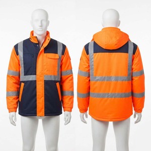 Blouson en cuir pour homme, toile Oxford 300D en polyester, orange, bleu marine, panneaux réfléchissants, capuche, logo personnalisé, vêtements de travail de sécurité extérieurs - Product Image 1
