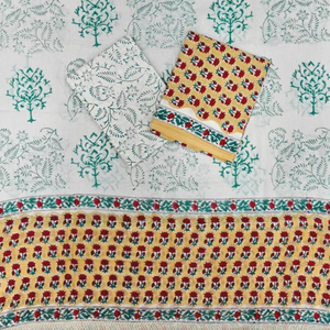 Traje indio de algodón con estampado floral amarillo y blanco para mujer |   Salwar Kameez Punjabi de Alta Calidad con Estampado a Mano |   Conjunto de Ropa Casual Étnica - Product Image 1