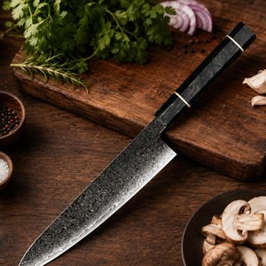 Cuchillo de Chef de Acero de Damasco de 8 Pulgadas con Punta Caída y Borde Biselado, Mango de Micarta, Cuchillo de Cocina - Product Image 4