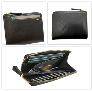 Article populaire : Portefeuille minimaliste unisexe en cuir italien tanné végétal Castello, forme en L, fermeture éclair YKK, court, noir/marron, broderie drapeau - Product Image 1