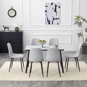 Tavolo da Pranzo Moderno Bianco con Effetto Marmo, Piano in Vetro, Base Inferiore in MDF Nero e Gambe in Metallo Nero, Set Tavolo e Sedie - Product Image 3