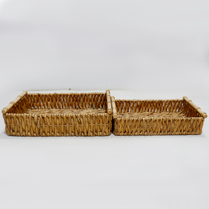 Panier de rangement rectangulaire en jacinthe d'eau naturelle fait main avec poignées en bois - Product Image 3