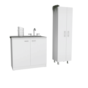 Set Cucina Bianco a 4 Ante in 2 Pezzi con Lavello Multiuso e Mobile Dispensa - Product Image 3