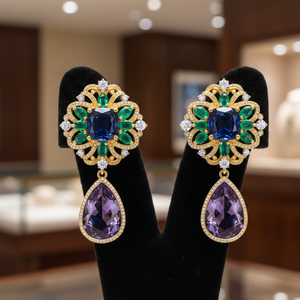 Boucles d'oreilles pendantes longues en argent sterling 925 plaqué or 18 carats, avec pierres rose taille coussin et bleu hydro, bijoux de caractère - Product Image 4