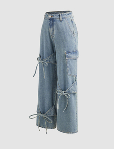 Bow Tie Wide Leg <b>Jeans</b> Mid Waist Baggy Denim Pants Vintage Wash Casual Eco-Friendly Women Cargo Ultra-Soft Breathable - Product Image 2