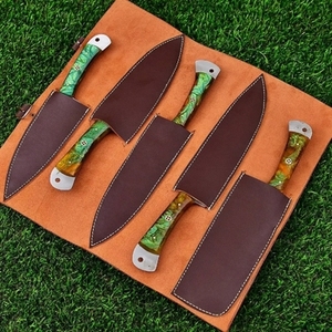 Ensemble de couteaux de chef en acier carbone faits main de haute qualité, 5 pièces, vente en gros, manche en bois Pakka, étui en cuir, durable et multifonctionnel - Product Image 3