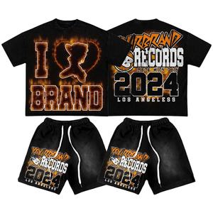 เสื้อโพลีเอสเตอร์/ ผ้าฝ้ายผสมไฮสตรีทเสื้อแห้งเร็วกางเกงขาสั้นซีดจางมีเชือกผูกสีทึบสำหรับซักด้วยกรดออกแบบได้ตามต้องการ - Product Image 1