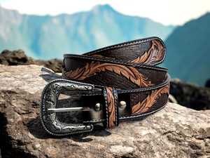 Genuine Leather <b>Western</b> Cowboy <b>Belt</b> with Silver Buckle Floral Tooled Design Vintage Casual Men's Handcrafted <b>Belt</b> | Durable - Product Image 1