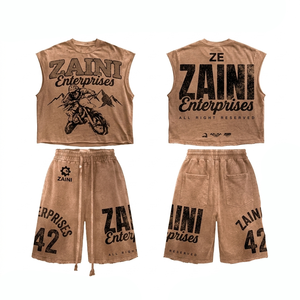 Premium 300g Polyester/Cotton <b>Knitted</b> Sleeveless Shirt Shorts <b>Set</b> Washed Finish Vintage Style Breathable Summer - Product Image 1