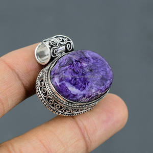 Colgante de Plata de Ley 925, colgante de plata hecho a mano, colgante de charoita ovalada, colgante de piedra azul, regalo para ella - Product Image 2