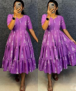 Purple A-Line Maxi Dress V-Neck <b>Cap</b> Sleeve Printed Ruffles Rayon Summer Vintage Style Breathable RUDRA DRESS 85509 - Product Image 2