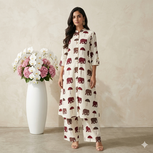Premium Cotton Print Women's Co-ord Set White Button-<b>Down</b> Long Kurta <b>Trouser</b> Two-Piece Traditional Ethnic Party Wear Sun - Product Image 1