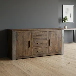 Industrial Solid Wood Sideboard 3 <b>Drawer</b> 2 Door Buffet <b>Cabinet</b> Rustic Iron <b>Metal</b> Frame Living Room Storage Credenza - Product Image 5