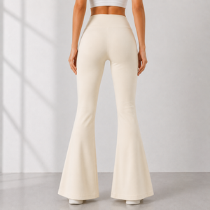 Women High Waist Flare <b>Pants</b> Solid Color Full Length Knitted Breathable Casual Elastic Waist Spandex Polyester <b>Pants</b> - Product Image 2