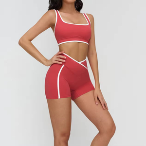 OEM Women's Summer Sports <b>Yoga</b> Suit <b>Set</b> Front Logo Breathable Solid Color Elastic Waist Hip Tie Dye Quick Drying Short Tops - Product Image 2
