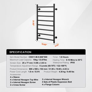 Calentador de Toallas de Pared de 8 Barras, Impermeable IPX5, con Temporizador y Pantalla LED para Baño - Product Image 4