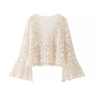 Cárdigan de punto abierto con mangas acampanadas florales de alta calidad, estilo bohemio, top de verano con cuello redondo y longitud corta para mujer. - Product Image 2