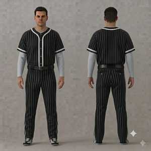 Conjunto de Uniforme de Béisbol para Hombre, Camiseta y Pantalones a Rayas Blancas y Negras, Cierre de Botones, Cinturón, Corte Regular, Manga Corta, para Todas las Temporadas - Product Image 1