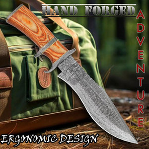 Couteau de chasse Bowie en acier Damas de 15 pouces - Lame fixe ambidextre forgée à la main - Couteau tactique de survie et de camping avec manche en bois de rose - Product Image 3