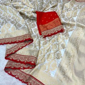 Sari de Diseño Blanco de Georgette Khaddi Puro Premium con Borde Festoneado Intrincado, Precio al por Mayor por Royal Export - Product Image 2
