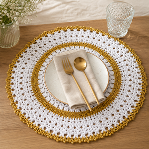 <b>Round</b> Crochet Place Mat <b>White</b> Gold Rim <b>Table</b> Mat Woven Dinner Placemat for Wedding Party Dining - Product Image 1