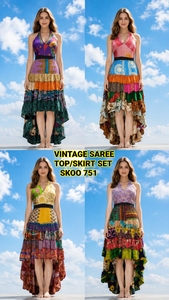 Conjunto de Falda Recta y Top con Volantes de Seda 100% Tejida y Transpirable con Estampado de Lazo, Estilo Bohemio Vintage Indio Bordado para Mujer - Product Image 3