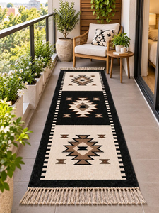Tapis de couloir étroit noir ivoire en laine et jute tissé à la main, motif géométrique tribal du Sud-ouest, style bohème rustique, tapis d'appoint pour ferme - Product Image 5