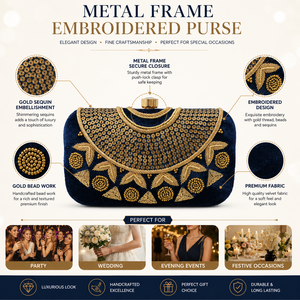 Metal Frame Embroidered Clutch Purse Navy Velvet <b>Handbag</b> with Gold Bead <b>Sequin</b> Work for Party Wedding Use - Product Image 6