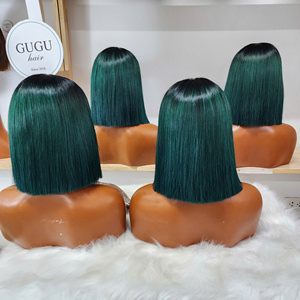 Perruques GUGU Hair en cheveux humains vietnamiens, double densité, fermeture en dentelle 5x5, sans colle, ultra-lisses, 8 pouces, Ombré Vert - Product Image 1