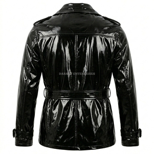 Manteau <span class=keywords><strong>trench</strong></span> pour homme en similicuir verni <span class=keywords><strong>noir</strong></span> brillant, imperméable, avec ceinture, doublure matelassée et rembourrée - Product Image 2