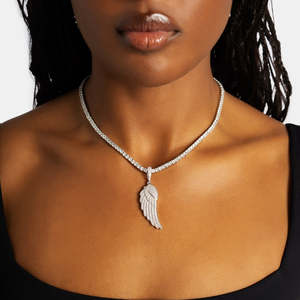 Iced Out <b>Angel</b> Wing Pendant Necklace | White Gold Plated Wing Pendant with Tennis Chain | Hip Hop Luxury Unisex Jewelry - Product Image 2