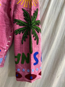 Vintage Inspired Pink Velvet Embroidered Art Jacket Women Palm <b>Tree</b> Sun Heart Pattern Bohemian Full Sleeve Long Jacket - Product Image 3