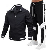 Setelan Olahraga Pria Putih Hitam, Resleting Panjang, Kantong Samping, Sporty, Regular Fit, Pakaian Musim Gugur, Bahan Polyester Bernapas