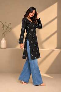 Black Embroidered Dot Print V-Neck Long Sleeve <b>Tunic</b> <b>Dress</b> Loose Fit Midi Length Casual Wear for Women 100% Cotton Woven Fabric - Product Image 3