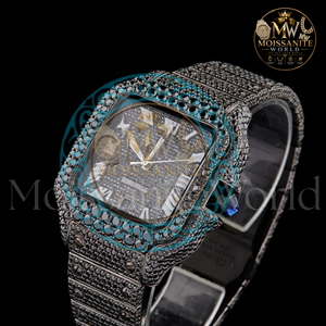 Montre de luxe en moissanite pour femme, analogique, chiffres romains, quartz, verre saphir, bracelet en acier inoxydable mélangé, bouton poussoir caché, simple - Product Image 4